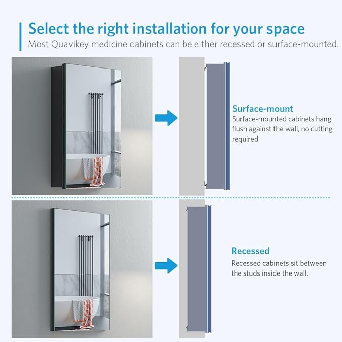 Quavikey Medicine Cabinet with Mirror, Aluminum Surface Mount or Recessed Bathroom Medicine Cabinet Mirror 16x26 Inch, Black