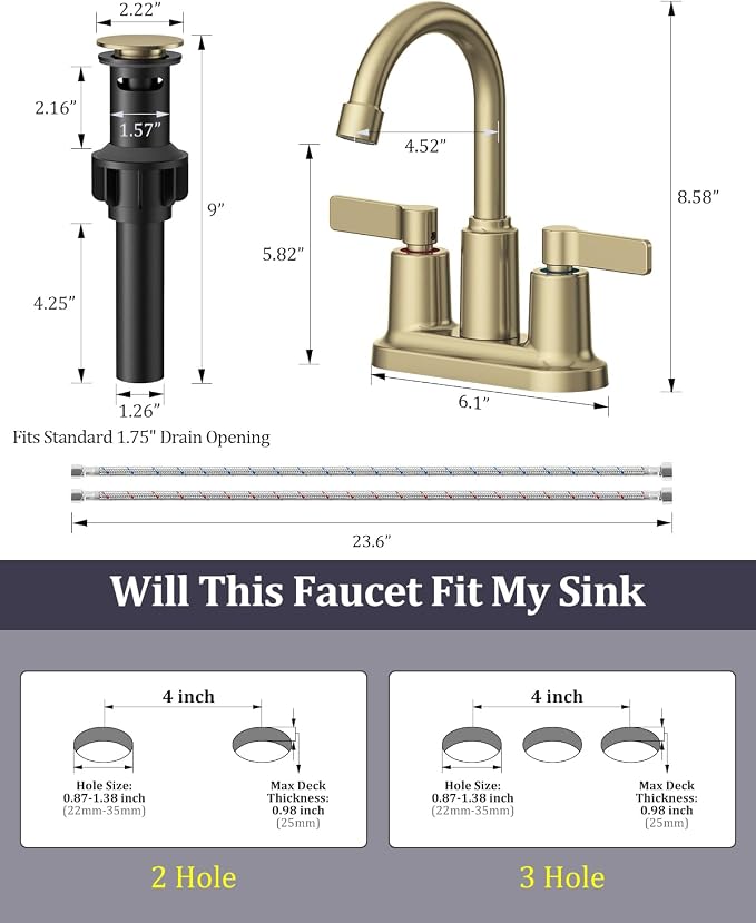Brushed Gold Bathroom Sink Faucet 3 Hole 4 Inch Centerset Bathroom Faucets | Faucet for Bathroom Sink with Pop Up Drain and 2 Supply Hoses 2 Handle Bathroom Faucet for Sink Vanity RV Evolvegoods
