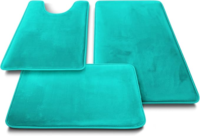 Clara Clark 3 Piece Bathroom Rugs Bath Mat Set, Velvet Memory Foam Bath Mats for Bathroom - Non-Slip, PVC Backing Bath Rugs, Washable - Dries Quickly, Teal