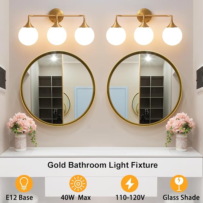 Brushed Gold Bathroom Light Fixtures Over Mirror Vanity 3-Light | Mid Century Modern Brushed Gold Wall Sconce with Milky White Glass Ball Shades for for Bathroom Dressing Table Bedroom