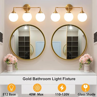 Brushed Gold Bathroom Light Fixtures Over Mirror Vanity 3-Light | Mid Century Modern Brushed Gold Wall Sconce with Milky White Glass Ball Shades for for Bathroom Dressing Table Bedroom