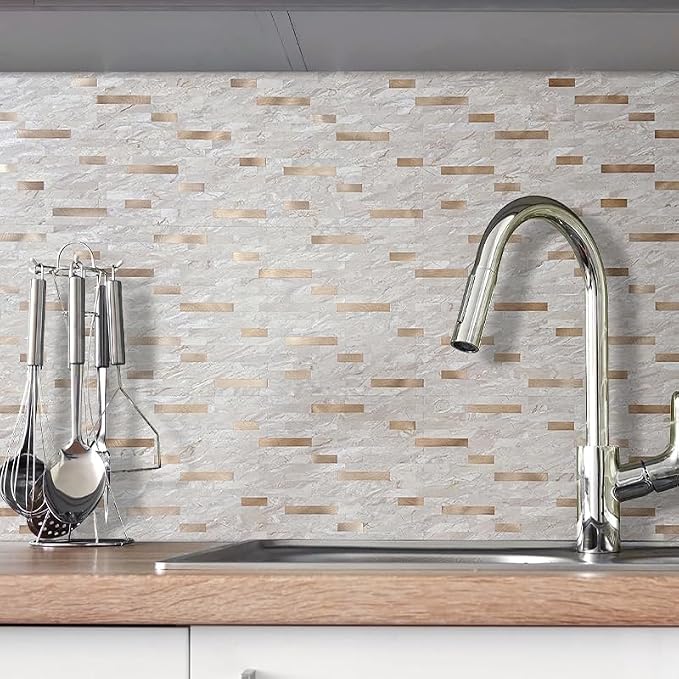 DICOFUN 10 Sheets Marble Look Peel and Stick Backsplash Wall Tile, PVC Kitchen Backsplash Peel and Stick in Light Brown, 9.4 sq.ft