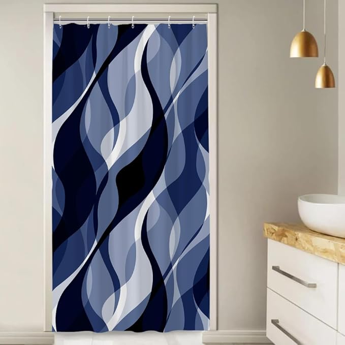 Stall Shower Curtain, Small Navy Blue Shower Curtain Set for Bathroom Modern Waterproof Narrow Ombre Shower Curtain Set with Hooks, 36x72 Inch