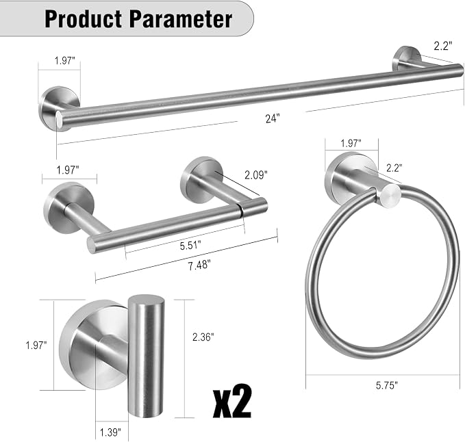 5 Piece Modern Style Wall Mounted Bathroom Hardware Set | #304 Stainless Steel, 24" Towel Bar Mount, Towel Rings, 2 Pillar Toilet Paper Holder, Bathrobe Hook (Brushed Nickel)