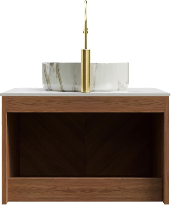 24 Inch Bathroom Vanity with Sink, Floating Fluted Vanity with Vessel Sink, Modern Wall Mounted Bathroom Vanity Cabinet with 2 Doors, White Marble Ceramic Sink & Sintered Stone Top, Oak