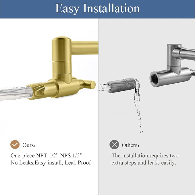 Pot Filler Faucets - for Kitchen, Sink, Stove and Bar with Brass Wall Mount Double Joint Swing Arms - Leak Free Designs with High-Flow Aerators - Retractable and Folding Save Space - Brushed Gold