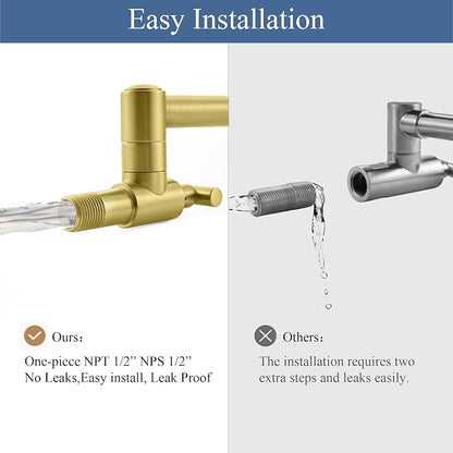 Pot Filler Faucets - for Kitchen, Sink, Stove and Bar with Brass Wall Mount Double Joint Swing Arms - Leak Free Designs with High-Flow Aerators - Retractable and Folding Save Space - Brushed Gold