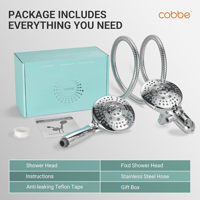 Cobbe® Dual Shower Head Combo, Handheld & Fixed, Chrome | Two Full-Size Shower Heads, 59'' Stainless Steel Hose, Water Saving with 3-Way Water Diverter, Tool-Free Installation