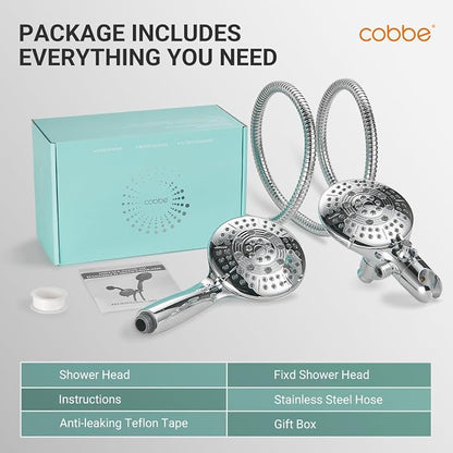 Cobbe® Dual Shower Head Combo, Handheld & Fixed, Chrome | Two Full-Size Shower Heads, 59'' Stainless Steel Hose, Water Saving with 3-Way Water Diverter, Tool-Free Installation