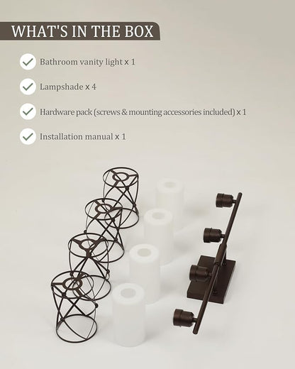 4-Light Oil Rubbed Bronze Bathroom Light Fixtures Over Mirror, 29" UL-Listed Modern Farmhouse Wall Sconce Lights with Milk White Frosted Glass and Metal Cage for Bath, E26, CH9176ORBW-4W