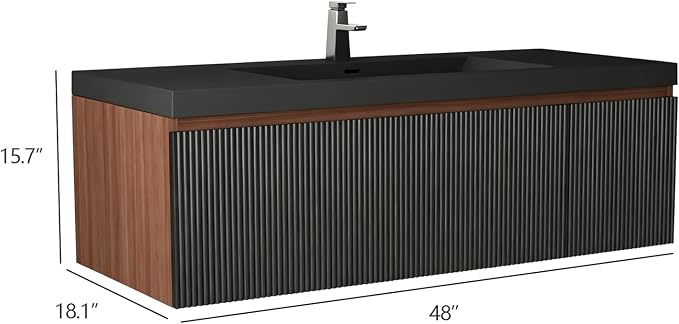 48 Inch Floating Bathroom Vanity with Sink, Wall Mounted Striped Storage Cabinet, Soft Close Drawer, Black Quartz Sand Basin, Fully Assembled, Smoked Walnut Finish