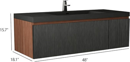 48 Inch Floating Bathroom Vanity with Sink, Wall Mounted Striped Storage Cabinet, Soft Close Drawer, Black Quartz Sand Basin, Fully Assembled, Smoked Walnut Finish