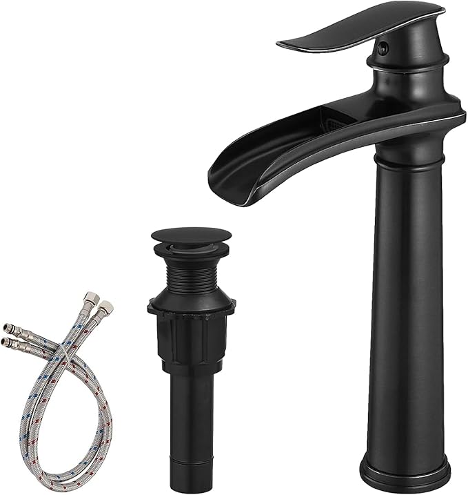 BWE Vessel Sink Faucet Waterfall Matte Black Bathroom Faucets Single Hole Single Handle Bathroom Sink Faucet Tall Vessel Faucet with Pop Up Drain and Water Supply Line