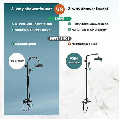 gotonovo Exposed Bathroom Shower Faucet Wall Mounted Shower System 8 Inch Shower Head and Tub Spout Double Cross Handles Adjustable Handheld Sprayer Curved Pipe Oil Rubbed Bronze