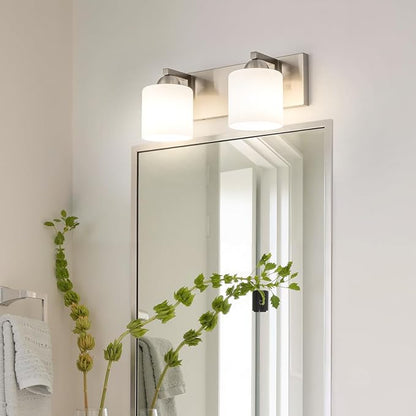 mirrea 2-Light Brushed Nickel Bathroom Vanity Light with White Glass Shades | Over Mirror,Wall Sconce,ETL listed,Bathroom Lighting Fixtures,Elegant Design,Milk White Glass Shade,Easy Installation