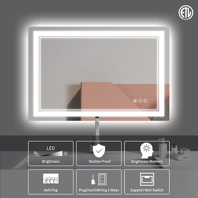 48x32 Inch LED Bathroom Mirror with Lights | Front and Backlit, 3 Colors, Dimmable, Memory, Anti Fog, Shatterproof, Horizontal/Vertical, Lighted Mirrors for Bathroom Wall
