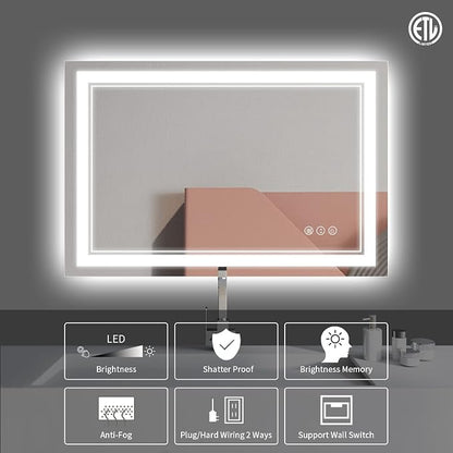 48x28 Inch LED Bathroom Mirror with Lights | Front and Backlit, 3 Colors, Dimmable, Memory, Anti Fog, Shatterproof, Horizontal/Vertical, Lighted Mirrors for Bathroom Wall
