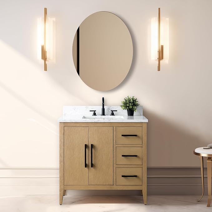 Vanity Art 36 inch Bathroom Vanity with Single Sink & Ceramic Top, Vanity Cabinet with Soft-Closing Doors, Drawers, Solid Wood Frame, Natural Oak,VA9036-NO-MB1