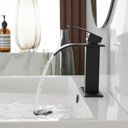BWE Matte Black Bathroom Faucet Modern Waterfall Single Hole Faucet for Bathroom Sink Single Handle with Pop Up Drain with Overflow Assembly and Supply Line Lavatory Bath Faucet