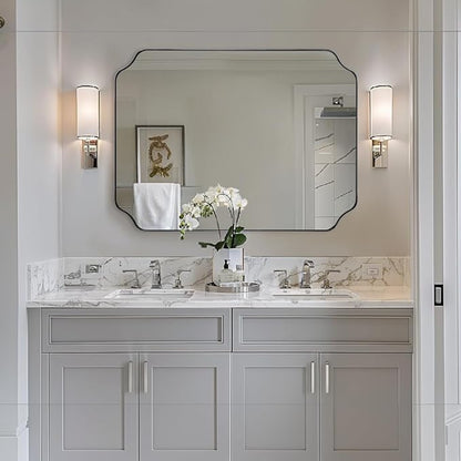 36x48 Inch Chrome Mirror, Large Polished Nickel Rectangle Mirror, Scalloped Bathroom Mirror in Anti-Rust Stainless Steel Frame Deep 1’’, Rounded Notched Corner, Vertically/Horizontally