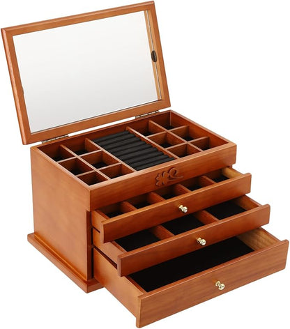 Large Wooden Jewelry Box with Mirror, 4 Layers Jewelry Organizer with 3 Drawers, Watches Necklace Ring Storage Box for Women