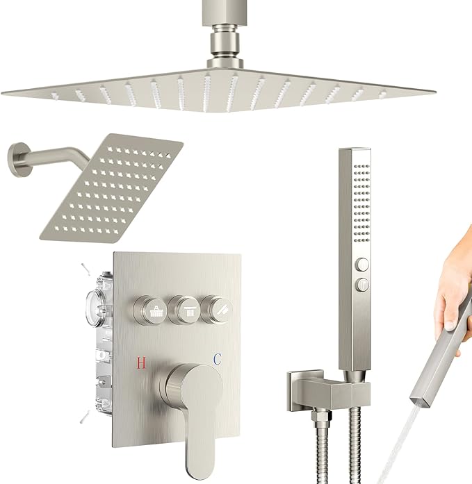 Shower Systems with Rain Shower and Handheld,STARBATH Dual Head 12+6" Rainfall Shower Can Run All Together, Ceiling Mount Shower Faucet Set with Pressure Balance Valve and Trim Kit, Brushed Nickel
