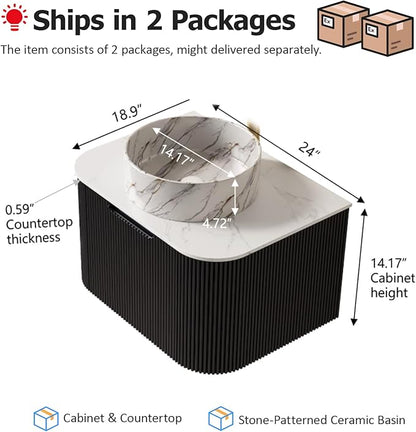 24" Floating Modern Bathroom Vanity with Sink, Modern Cabinet with Ultra-Thin Stone Pattern Ceramic Basin and Marble Top, Extra Large Storage Drawer, Soft-Close Design, Gloss Black