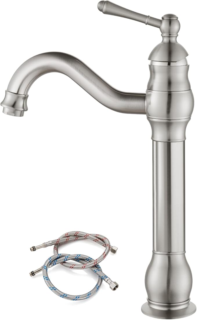 gotonovo Vessel Sink Faucet 360° Swivel Spout Single Handle Tall Bathroom Faucet 1 Hole Farmhouse Lavatory Washbasin Mixer Tap Matching Supply Hoses, Without Pop Up Drain, Brushed Nickel