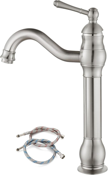 gotonovo Vessel Sink Faucet 360° Swivel Spout Single Handle Tall Bathroom Faucet 1 Hole Farmhouse Lavatory Washbasin Mixer Tap Matching Supply Hoses, Without Pop Up Drain, Brushed Nickel