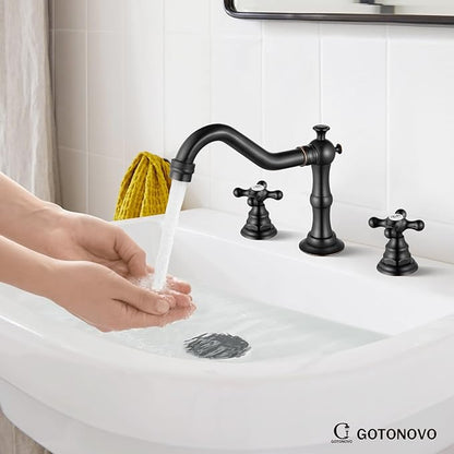 gotonovo Bathroom Faucet 3 Hole 8 Inch Widespread Bathroom Sink Faucet 2 Cross Handles Vintage Lavatory Vanity Mixer Tap with Pop Up Drain, Round Font Label, Oil-Rubbed Bronze
