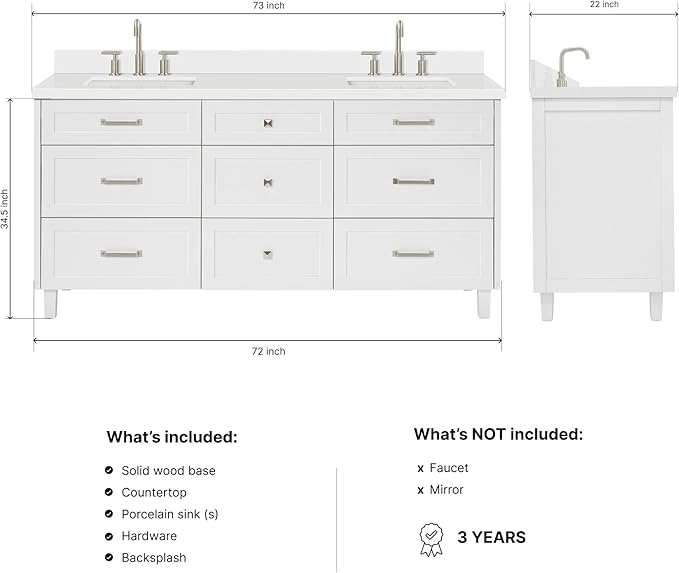 ARIEL Monroe 72-inch Bathroom Vanity with Sink,Solid Wood, 1.5-inch Pure White Quartz Countertop & Backsplash, Double Oval Porcelain Sink, 9 Dovetail Drawers, Brushed Nickel, White