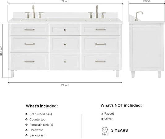 ARIEL Monroe 72-inch Bathroom Vanity with Sink,Solid Wood, 1.5-inch Pure White Quartz Countertop & Backsplash, Double Oval Porcelain Sink, 9 Dovetail Drawers, Brushed Nickel, White