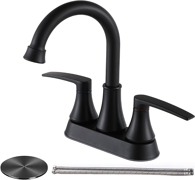 Lead-Free Matte Black Bathroom Sink Faucet, 2 Handle 4 Inch Centerset Faucet, Modern 360° Swivel High-Arc Spout Bath Lavatory Vanity Faucets for Sinks with Drain & Water Hoses, VALZST049B