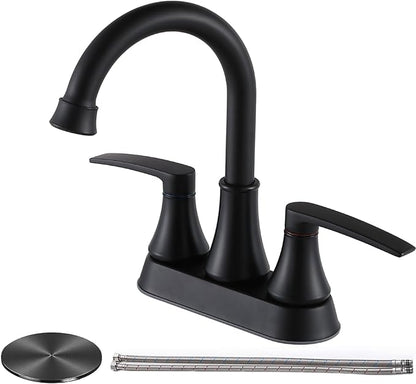 Lead-Free Matte Black Bathroom Sink Faucet, 2 Handle 4 Inch Centerset Faucet, Modern 360° Swivel High-Arc Spout Bath Lavatory Vanity Faucets for Sinks with Drain & Water Hoses, VALZST049B