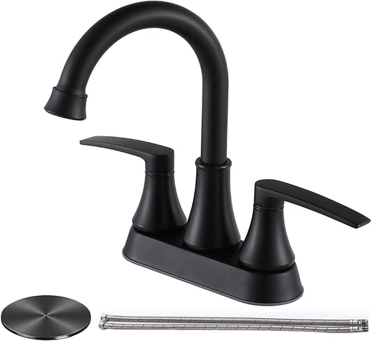 Lead-Free Matte Black Bathroom Sink Faucet, 2 Handle 4 Inch Centerset Faucet, Modern 360° Swivel High-Arc Spout Bath Lavatory Vanity Faucets for Sinks with Drain & Water Hoses, VALZST049B