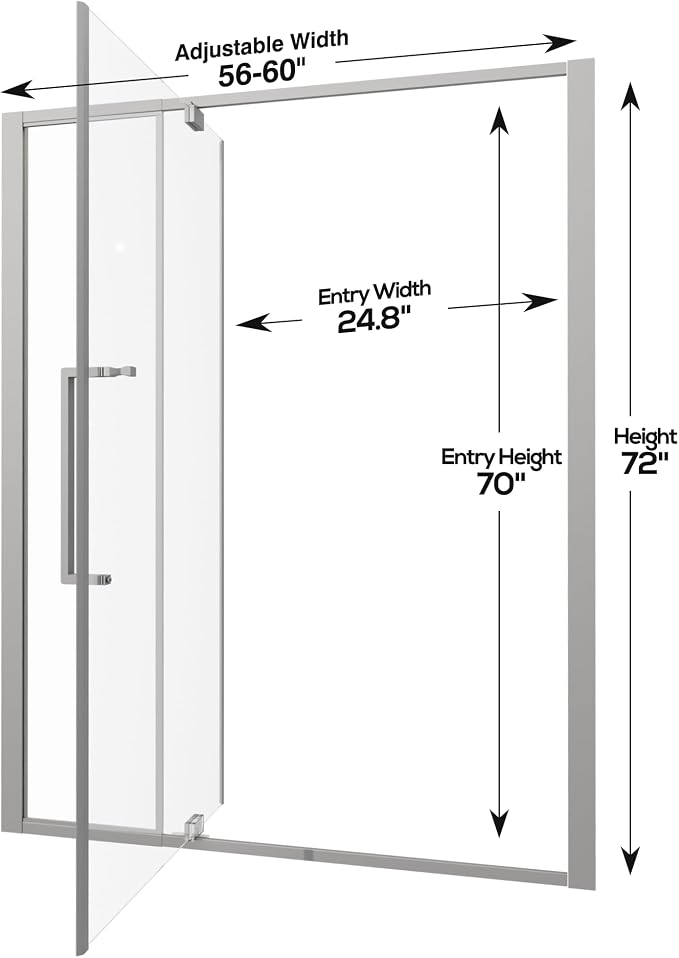 56-60" W x 72" H Semi-Frameless Pivot Swing Shower Doors, Chrome Finish | 1/4" (6mm) Clear SGCC Tempered Glass with a 24.8" walk-in opening, Reversible Installation, Magnetic Closing