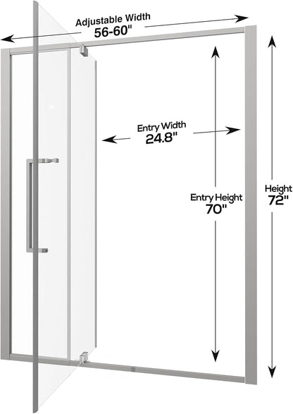 56-60" W x 72" H Semi-Frameless Pivot Swing Shower Doors, Chrome Finish | 1/4" (6mm) Clear SGCC Tempered Glass with a 24.8" walk-in opening, Reversible Installation, Magnetic Closing