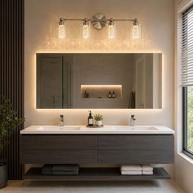 Brushed Nickel Vanity Light with 3 Color Modes, Eye Protection LED Bathroom Light Fixtures, Dimmable Modern Wall Light Over Mirror with Clear Glass Shade (Brushed Nickel, 4-Light)