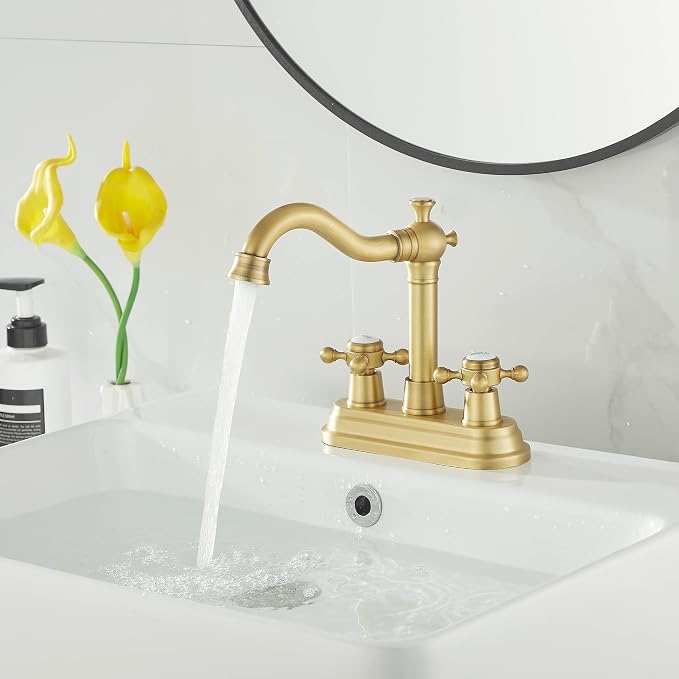 Bathroom Faucet Antique Brass 2 Handles 4 Inches Centerset Bathroom Vanity with Drain Assembly and Supply Hose Lavatory Faucet