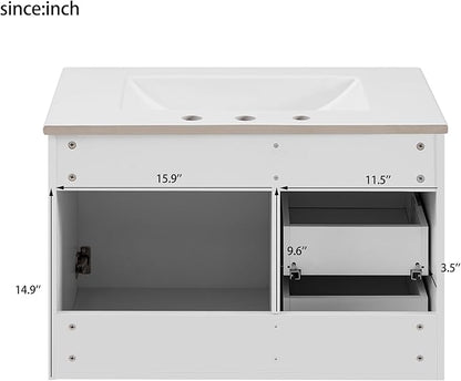 30 Inch Bathroom Vanity with Sink, Wall Mounted Bathroom Storage Cabinet with Soft Closing Door and 2 Drawers, Floating Bathroom Vanities with Decor Line