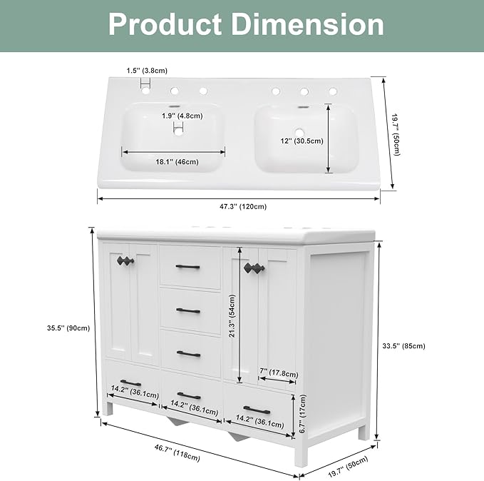 48 Inch Bathroom Vanity with Sink, White Bathroom Vanity Cabinet with Doulble Sink, Bath Vanities with 4 Doors and 5 Drawers, 20" D x 48" W x 36" H