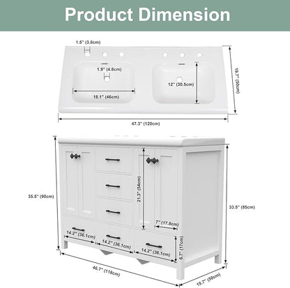 48 Inch Bathroom Vanity with Sink, White Bathroom Vanity Cabinet with Doulble Sink, Bath Vanities with 4 Doors and 5 Drawers, 20" D x 48" W x 36" H