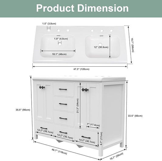 48 Inch Bathroom Vanity with Sink, White Bathroom Vanity Cabinet with Doulble Sink, Bath Vanities with 4 Doors and 5 Drawers, 20" D x 48" W x 36" H