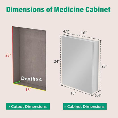 16 x 24 Inch Medicine Cabinet Mirror,Bathroom Mirror Cabinet with Adjustable Shelves,Aluminum Silver Medicine Cabinets for Bathroom,Recessed or Wall Mounted Medicine Cabinets