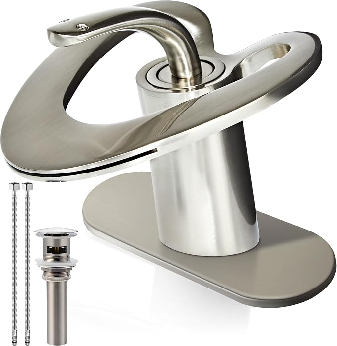 Brushed Nickel Bathroom Faucet, Waterfall Single Handle Bathroom Faucets, Unique Single Hole Faucet with Deck Plate for 3 Hole Bathroom Sink