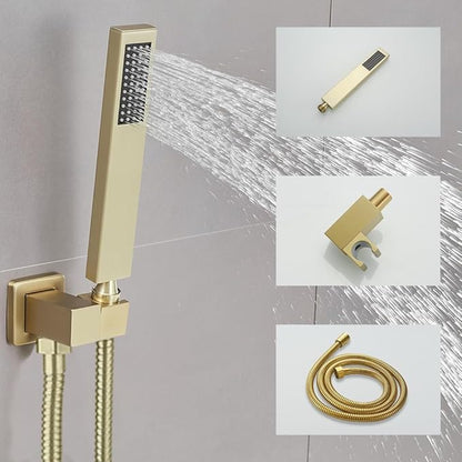 Brushed Gold Shower System 8 Inch Bathroom Luxury Rain Mixer Shower Combo Set Wall Mounted Rainfall Shower Head and Handheld System Shower Faucet Set Rough-in Valve Body and Trim Kit