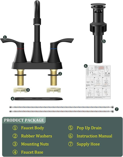 2 Pack Matte Black Bathroom Faucet 3 Hole 4 Inch Bathroom Sink Faucets | Stainless Steel 2 Handle Centerset Faucet for Bathroom Sink Vanity with Pop Up Drain and 4 Supply Hoses by Evolvegoods
