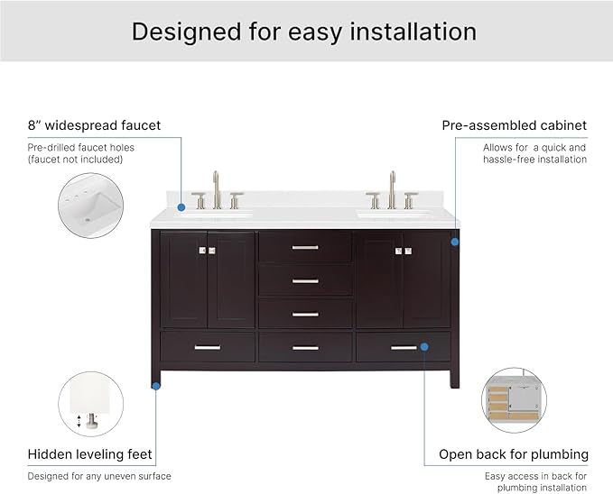 ARIEL Cambridge 66-inch Bathroom Vanity with Sink,Solid Wood, 1.5-inch Carrara White Quartz Countertop, Double Rectangular Porcelain Sink, 4 Soft Closing Doors, 6 Dovetail Drawers, Espresso