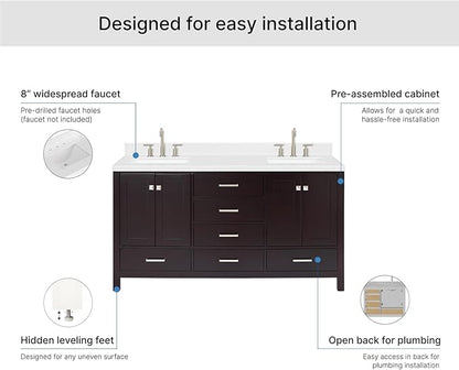 ARIEL Cambridge 66-inch Bathroom Vanity with Sink,Solid Wood, 1.5-inch Carrara White Quartz Countertop, Double Rectangular Porcelain Sink, 4 Soft Closing Doors, 6 Dovetail Drawers, Espresso