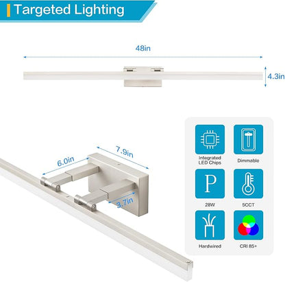 SOLFART Vanity Lights for Bathroom Retractable: 48 Inch 5CCT Brushed Nickel Led Bathroom Light Fixtures Dimmable Adjustable Head ETL Listed